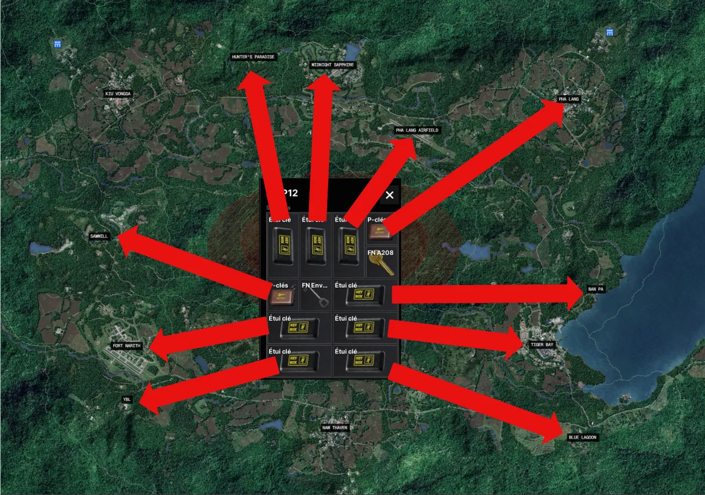 Un porte-clés par zone, rangés comme sur la carte