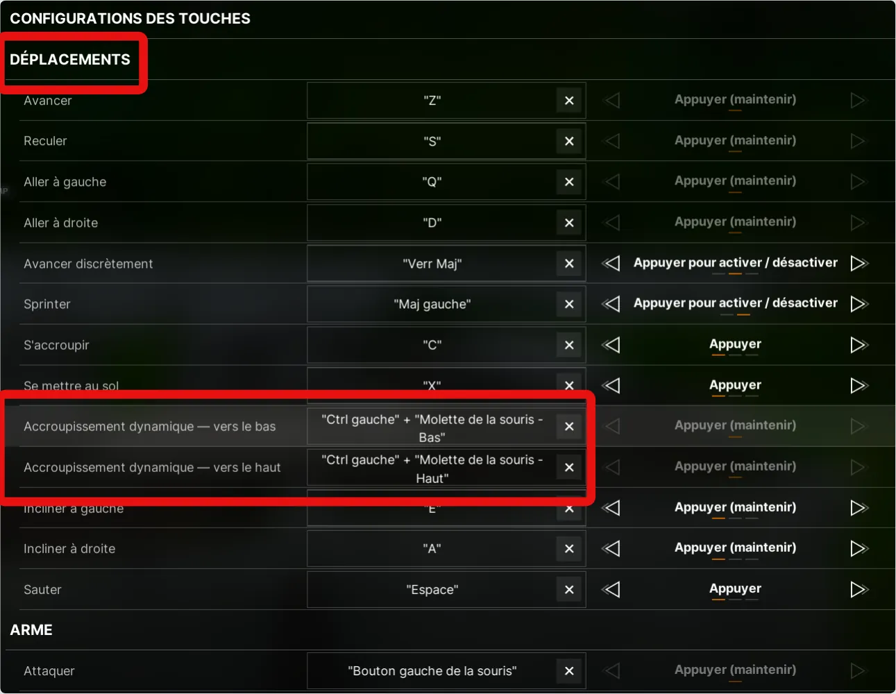 Accroupissement dynamique : Ctrl gauche + molette