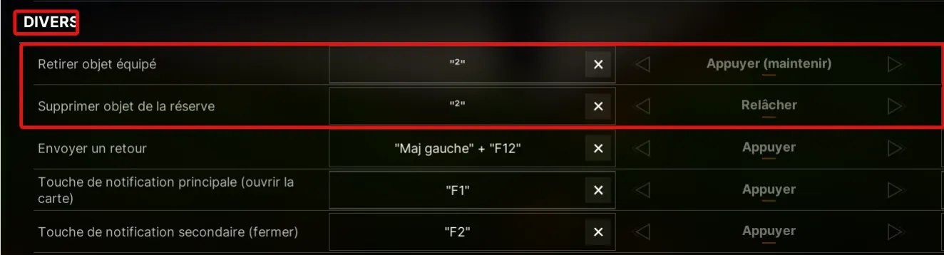 Retirer objet équipé, touche ²